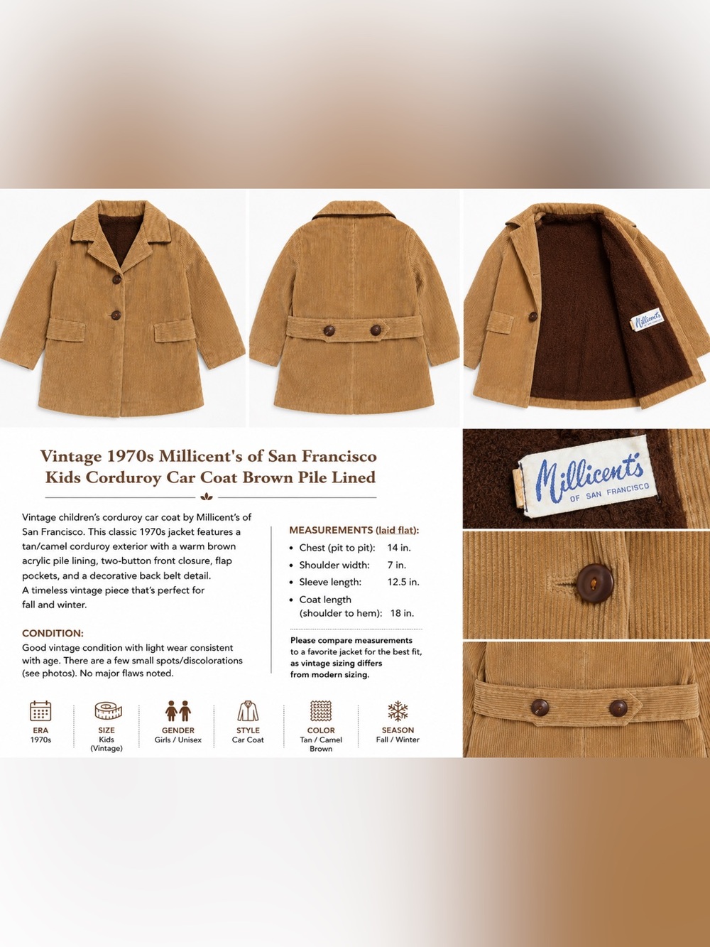 Tan Corduroy Car Coat with Brown Pile Lining - Kids